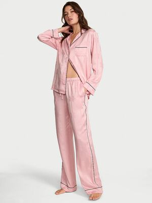 Glazed Satin Bow Stripe Long Pajama Set