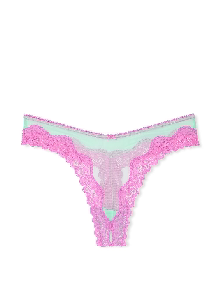 Tease Mesh Lace-Trim High-Leg Thong Panty image number null