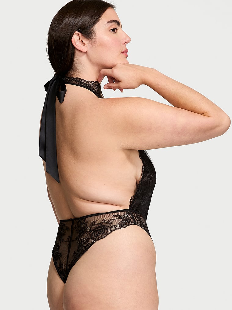 Rose Lace Halter Plunge Crotchless Teddy image number null