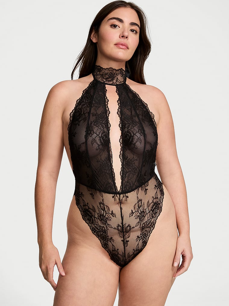 Rose Lace Halter Plunge Crotchless Teddy image number null