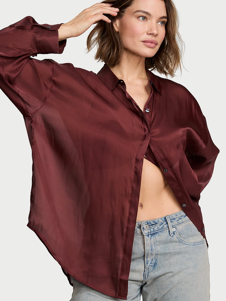 Luxe Sheer Satin Button-Front Shirt image number null