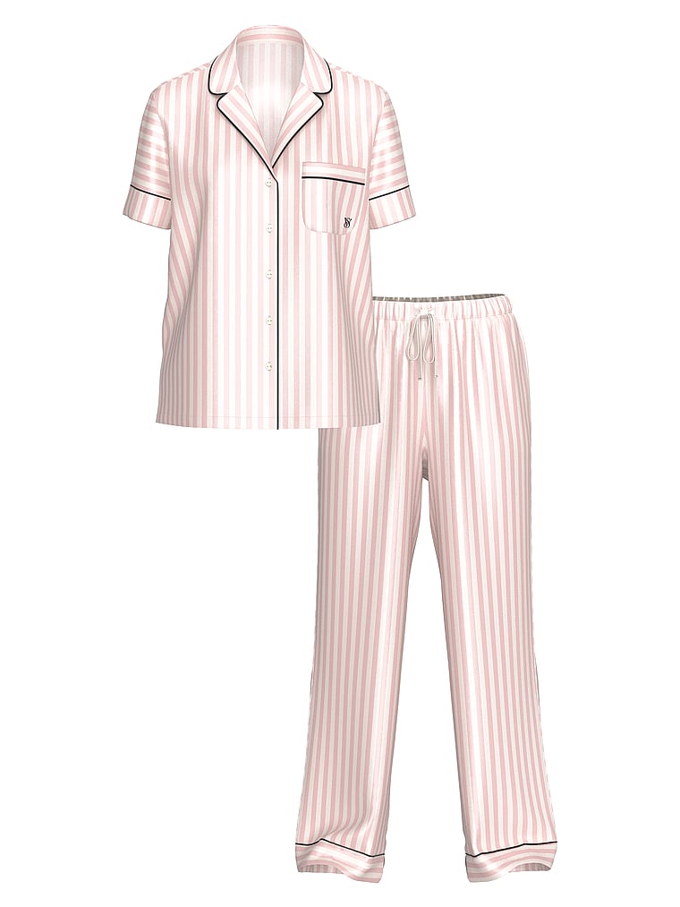 Glazed Satin Short-Sleeve Long Pajama Set image number null