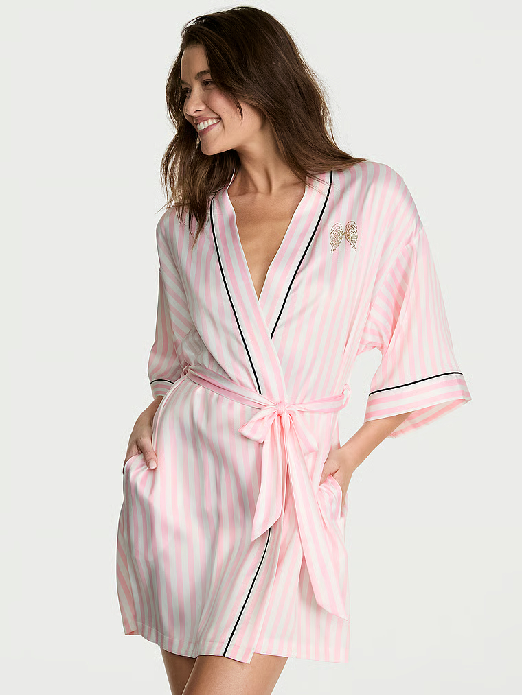 Signature Satin Short Piped Robe image number null