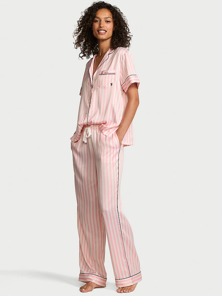 Glazed Satin Short-Sleeve Long Pajama Set image number null